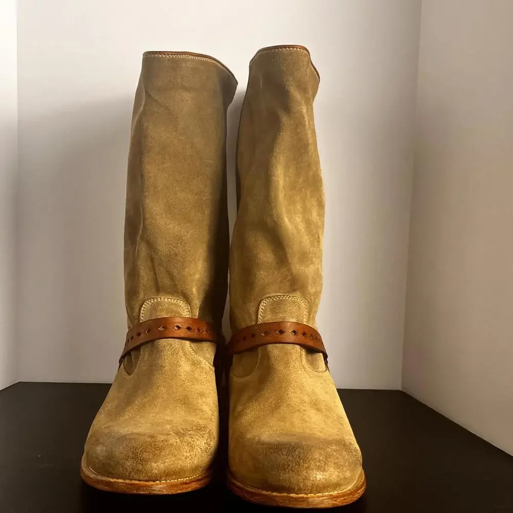 NDC Women's Brown Hand Made Suede Riding Boots with Leather Straps - Size‎ 6.5